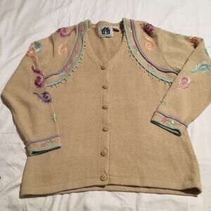 Storybook Knits M Floral beaded cardigan Embroidered cream fancy buttons